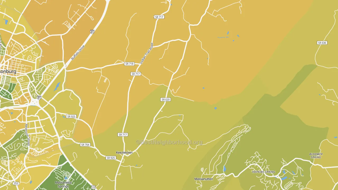 Map of the best neighborhoods in the Keezletown area, with better matches in green and worse matches in red