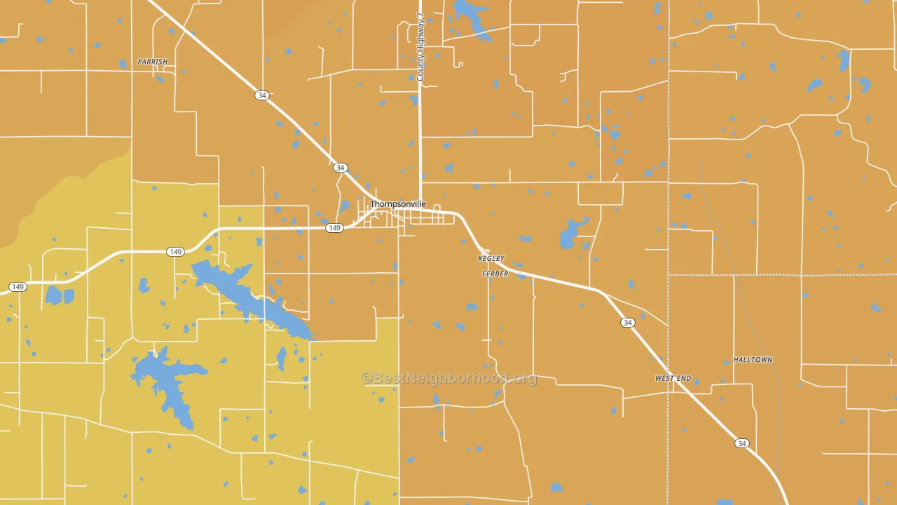Map of the best neighborhoods in the Kegley area, with better matches in green and worse matches in red