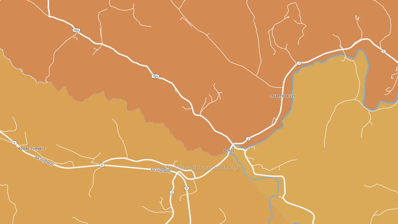 Map of the best neighborhoods in the Kehoe area, with better matches in green and worse matches in red