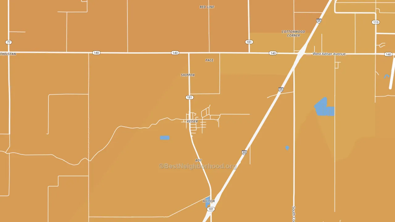 Map of the best neighborhoods in the Keiser area, with better matches in green and worse matches in red