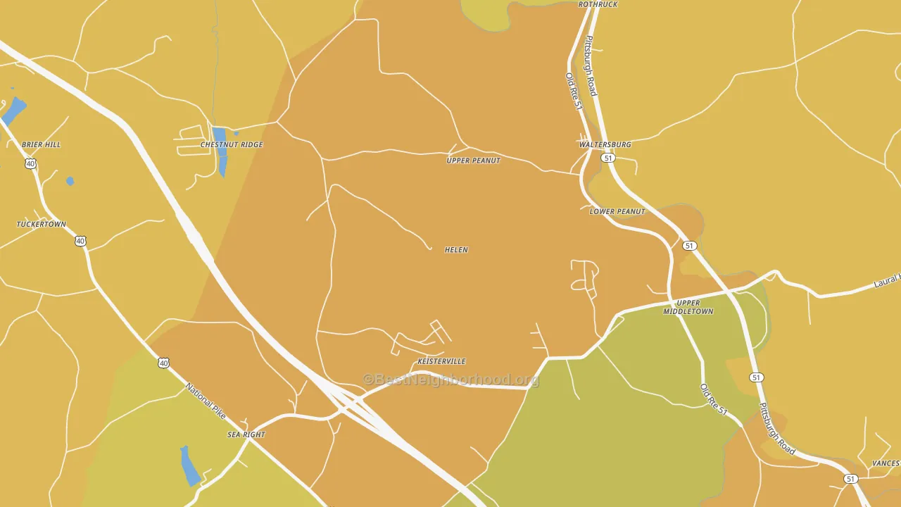 Map of the best neighborhoods in the Keisterville area, with better matches in green and worse matches in red