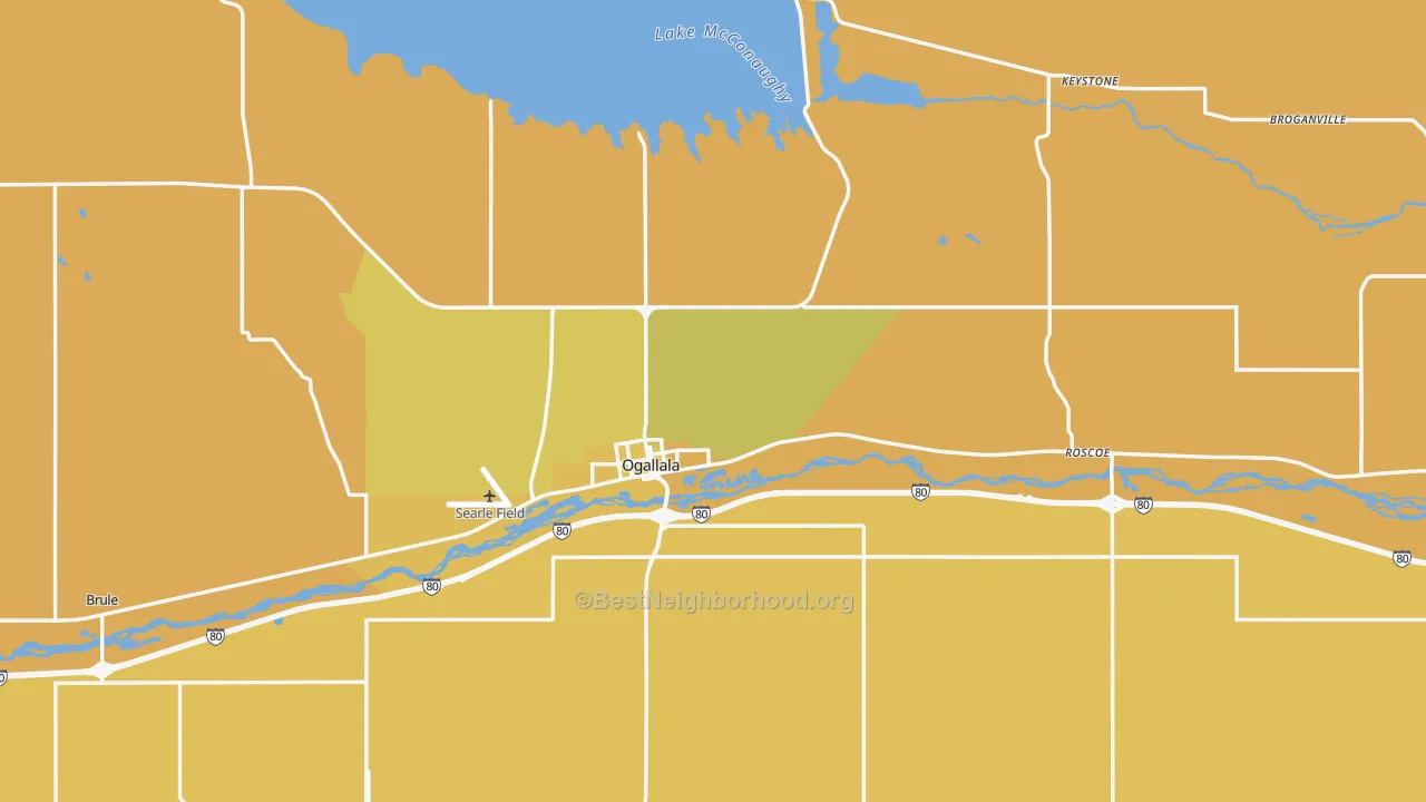 Map of the best neighborhoods in the Keith County area, with better matches in green and worse matches in red