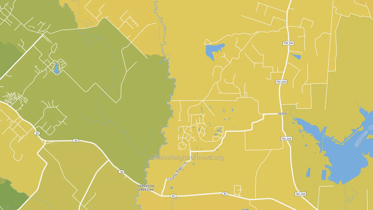 Map of the best neighborhoods in the Keith area, with better matches in green and worse matches in red