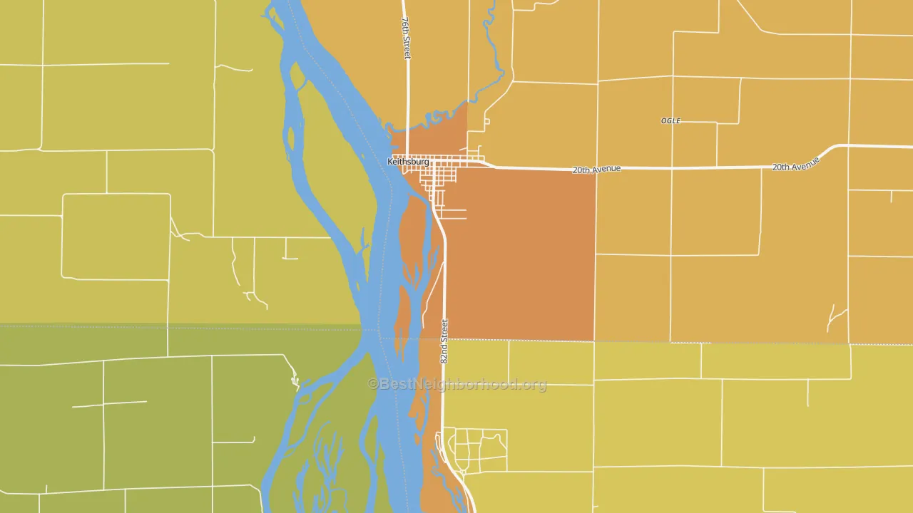 Map of the best neighborhoods in the Keithsburg area, with better matches in green and worse matches in red
