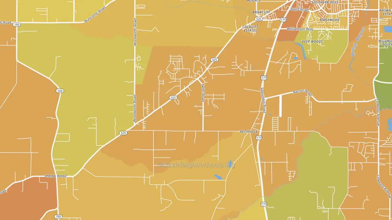 Map of the best neighborhoods in the Keithville area, with better matches in green and worse matches in red