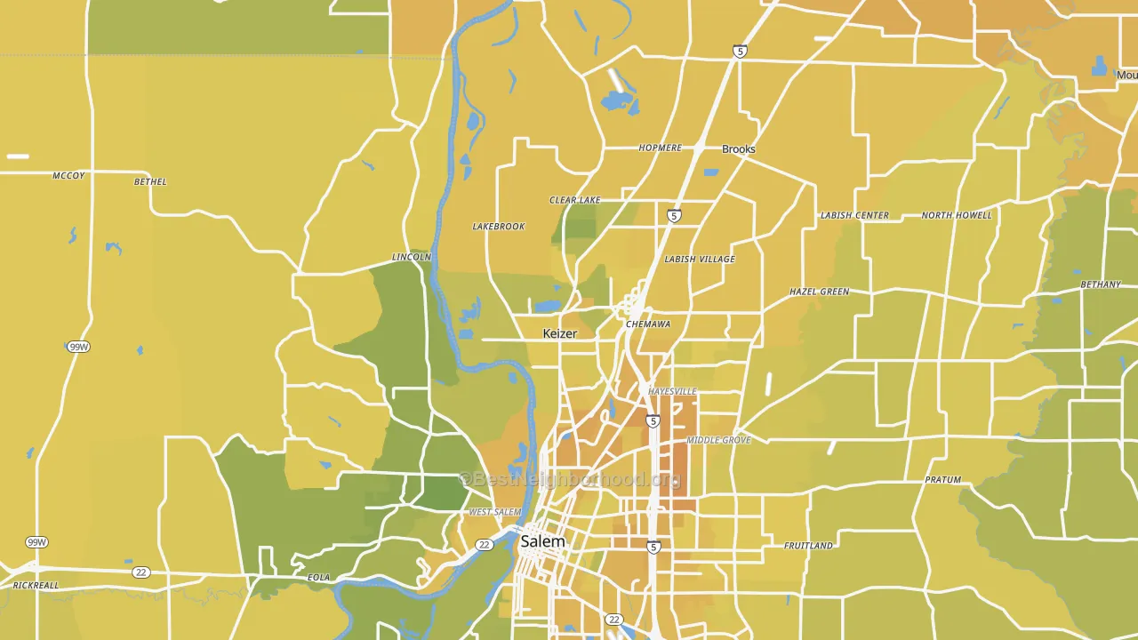 Map of the best neighborhoods in the Keizer area, with better matches in green and worse matches in red
