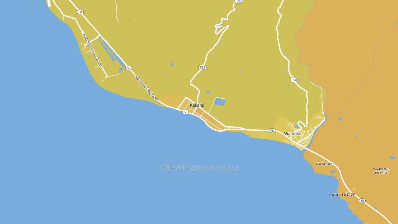 Map of the best neighborhoods in the Kekaha area, with better matches in green and worse matches in red