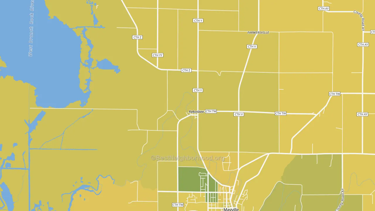Map of the best neighborhoods in the Kekoskee area, with better matches in green and worse matches in red