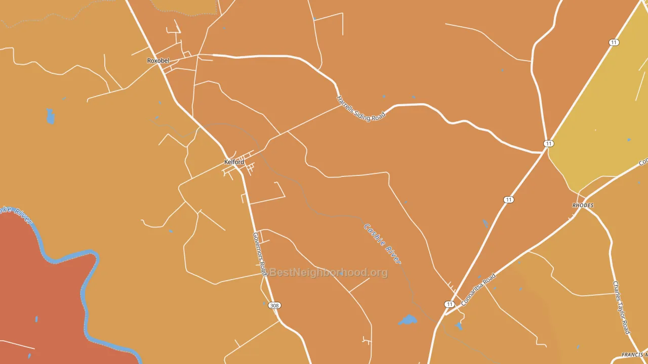 Map of the best neighborhoods in the Kelford area, with better matches in green and worse matches in red