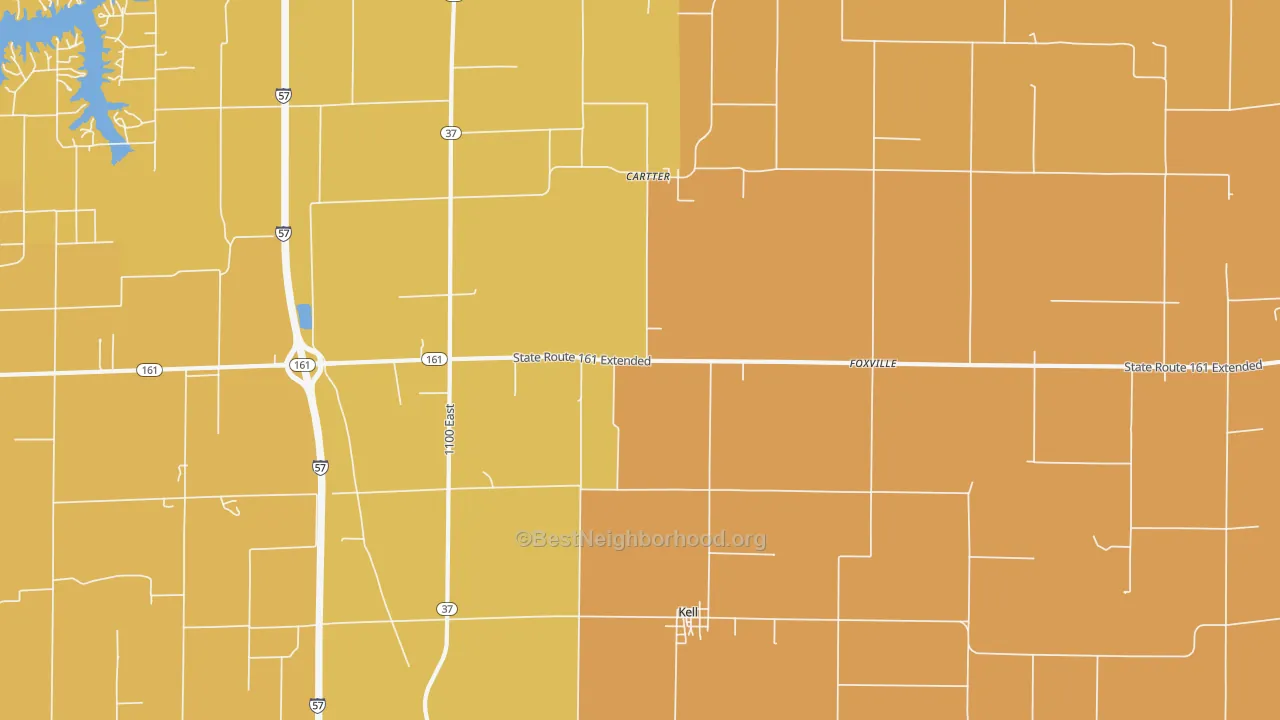 Map of the best neighborhoods in the Kell area, with better matches in green and worse matches in red
