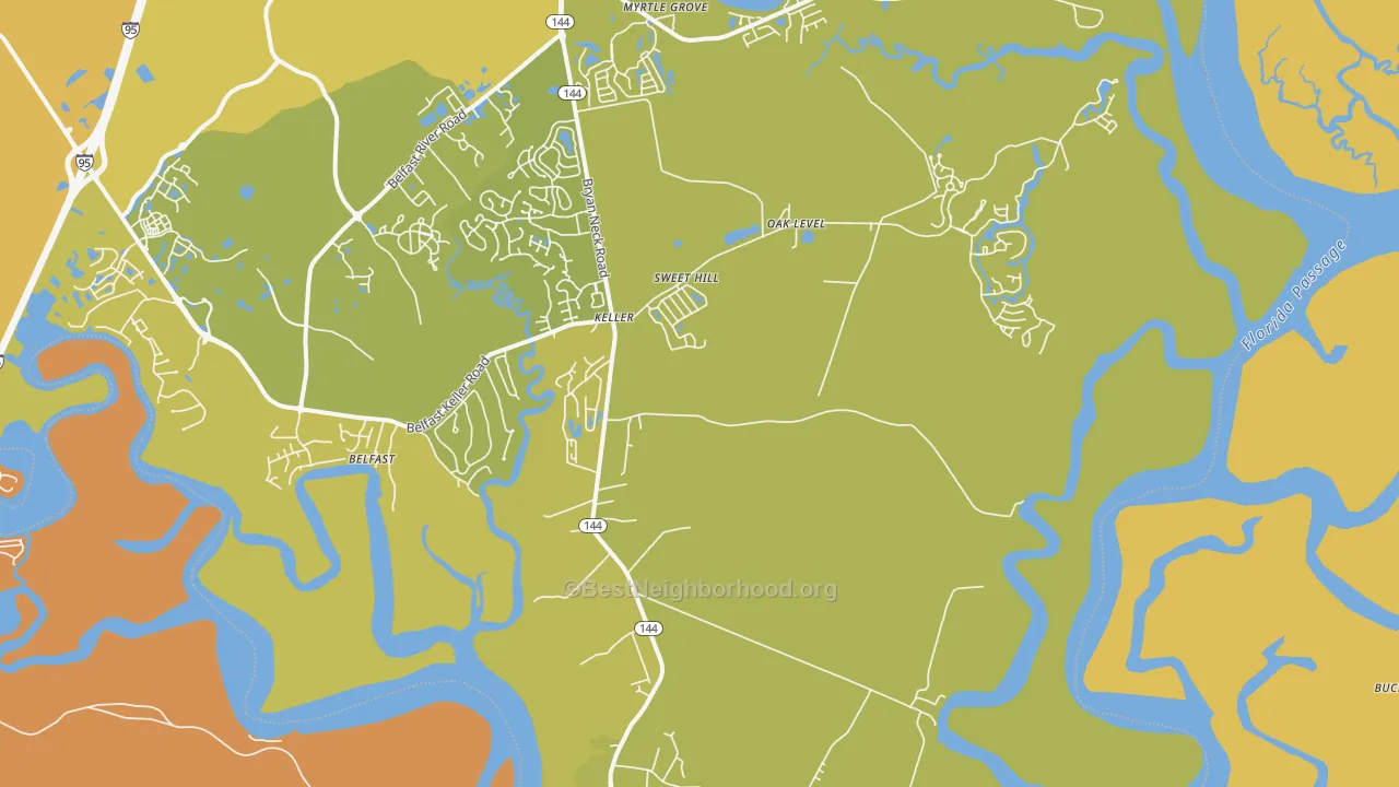 Map of the best neighborhoods in the Keller area, with better matches in green and worse matches in red