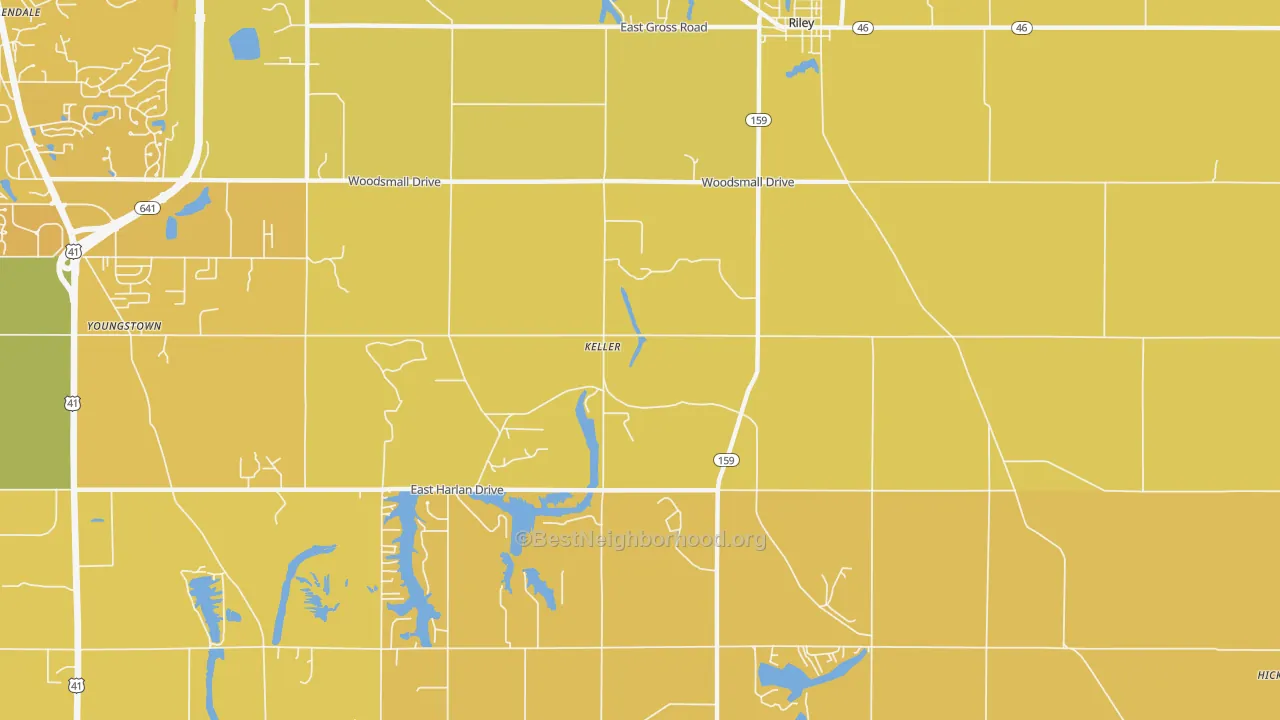 Map of the best neighborhoods in the Keller area, with better matches in green and worse matches in red
