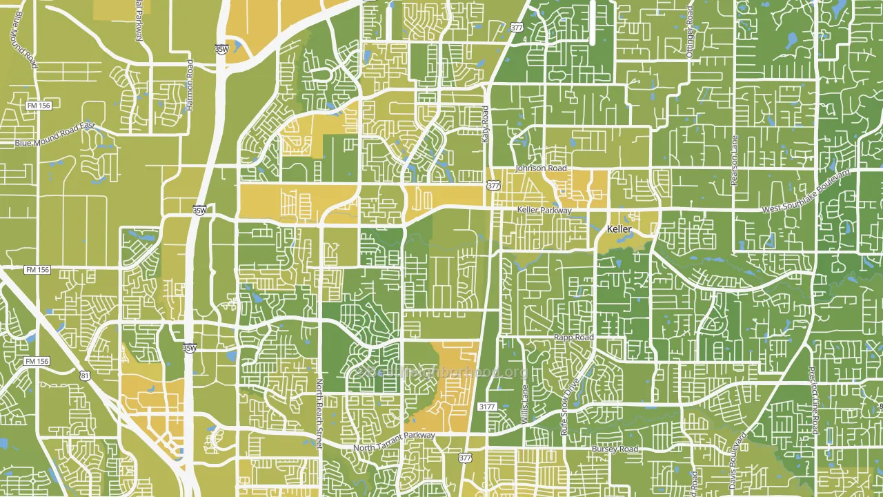 Map of the best neighborhoods in the Keller area, with better matches in green and worse matches in red