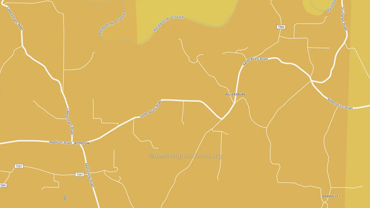 Map of the best neighborhoods in the Kellersburg area, with better matches in green and worse matches in red