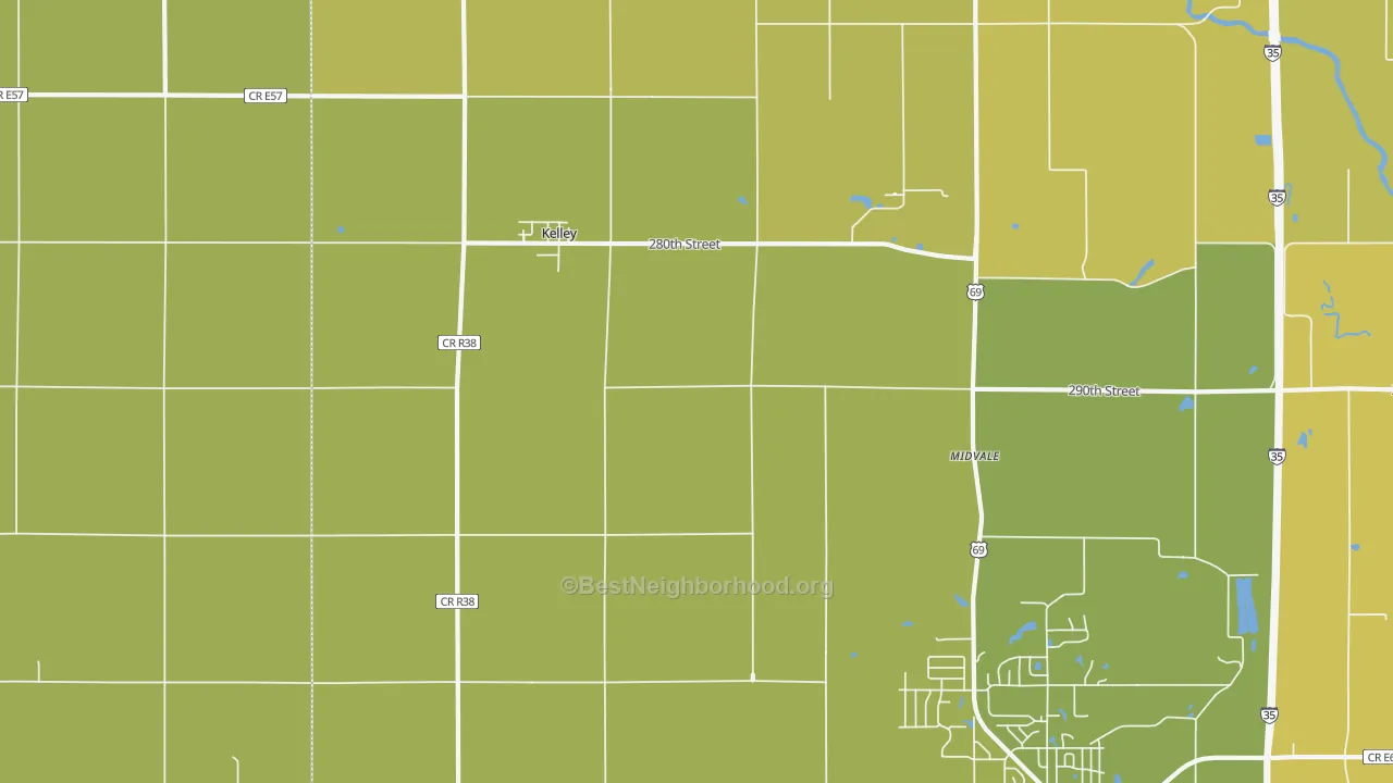 Map of the best neighborhoods in the Kelley area, with better matches in green and worse matches in red