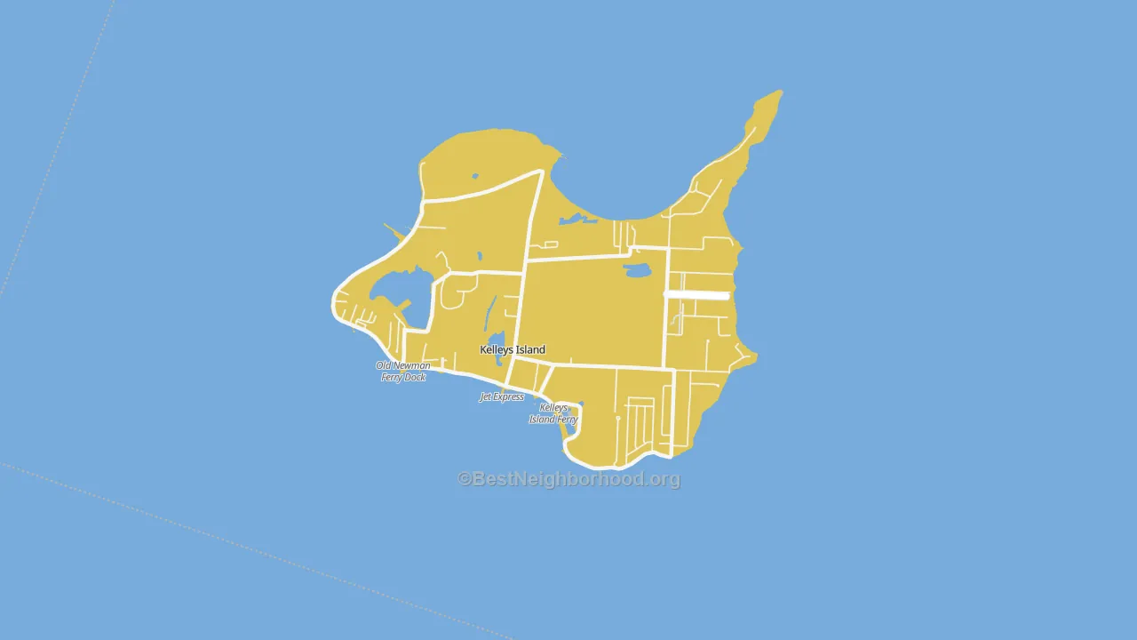 Map of the best neighborhoods in the Kelleys Island area, with better matches in green and worse matches in red