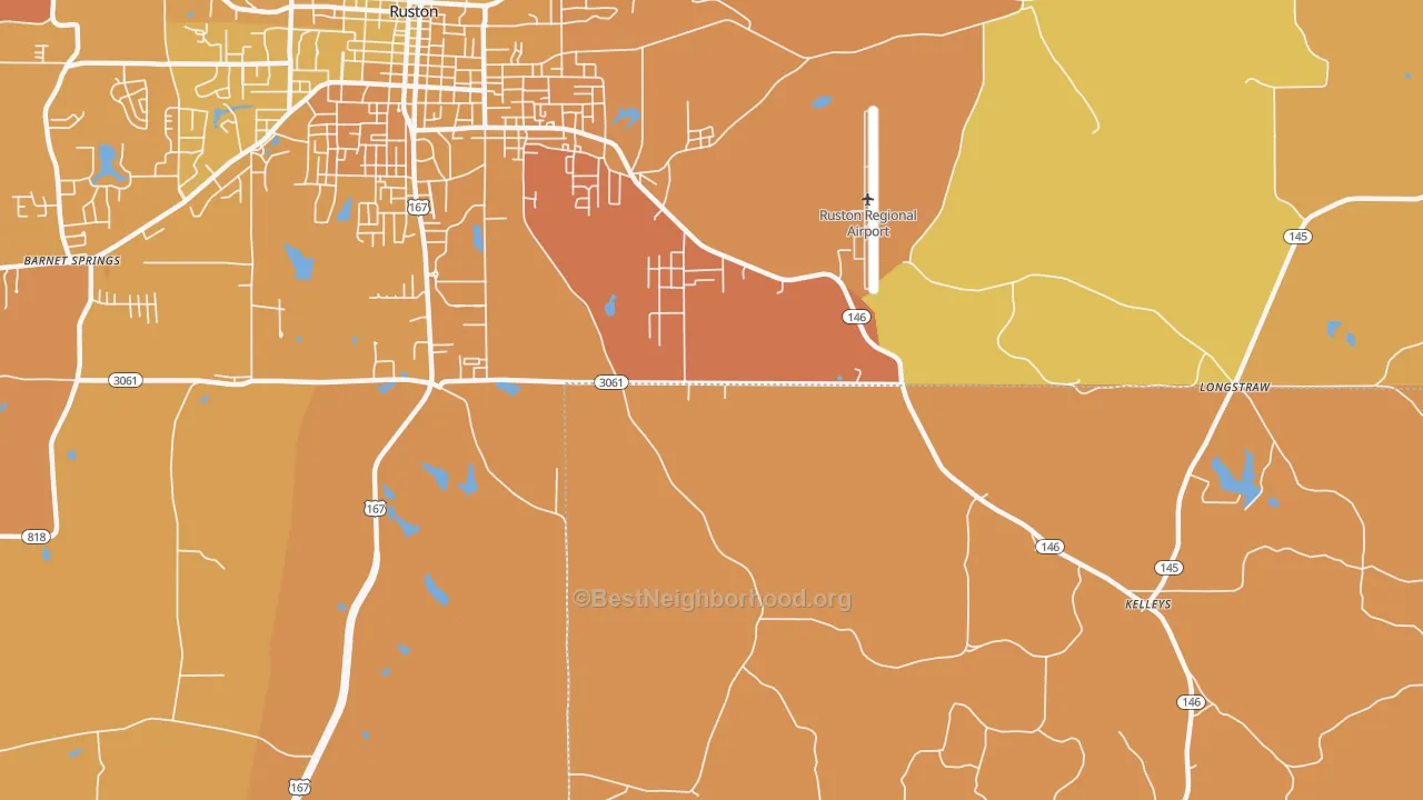 Map of the best neighborhoods in the Kelleys area, with better matches in green and worse matches in red