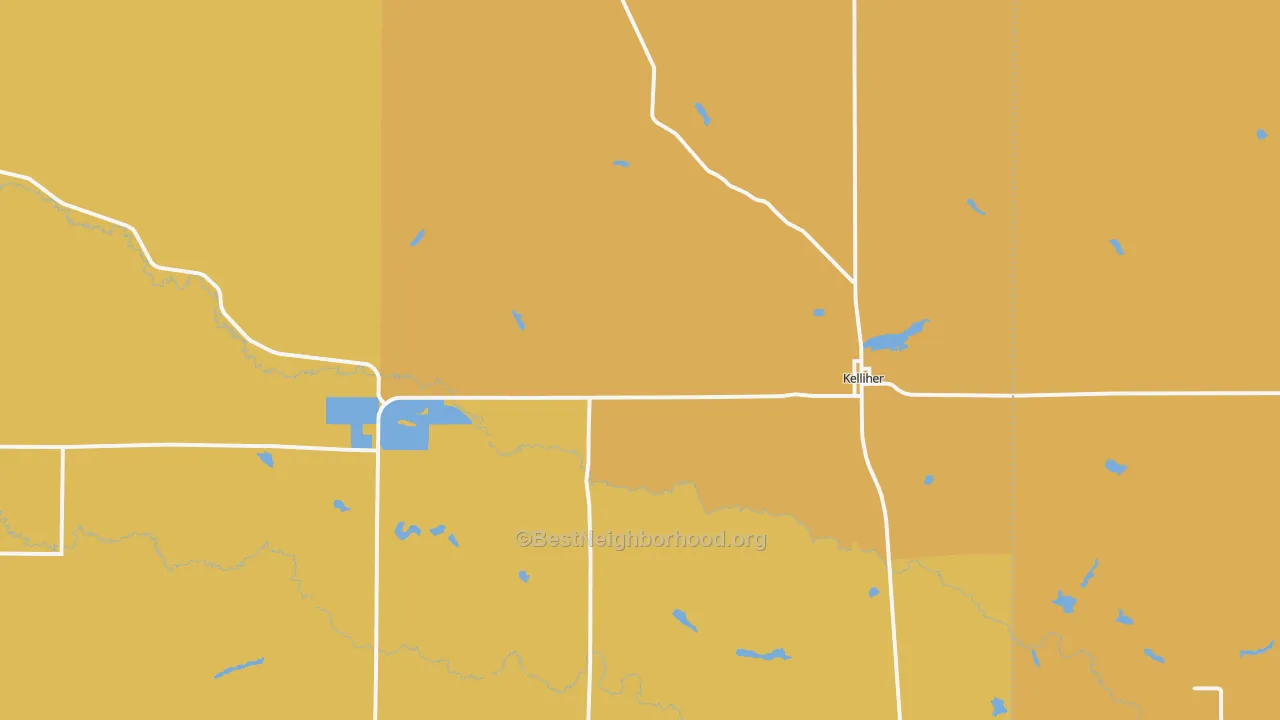 Map of the best neighborhoods in the Kelliher area, with better matches in green and worse matches in red
