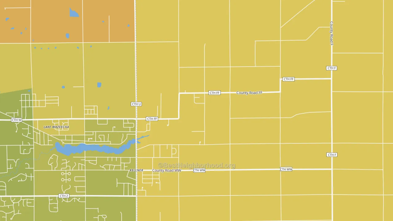 Map of the best neighborhoods in the Kellner area, with better matches in green and worse matches in red