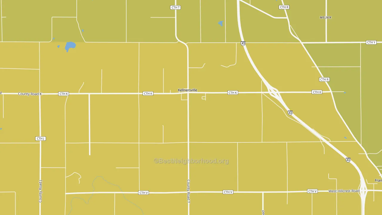 Map of the best neighborhoods in the Kellnersville area, with better matches in green and worse matches in red