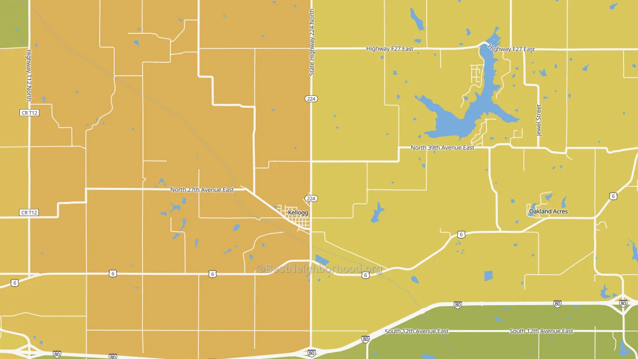 Map of the best neighborhoods in the Kellogg area, with better matches in green and worse matches in red