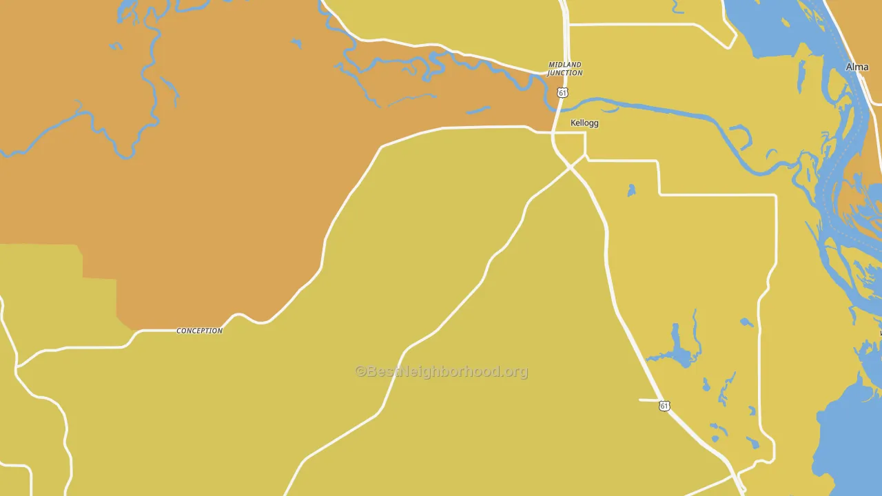 Map of the best neighborhoods in the Kellogg area, with better matches in green and worse matches in red