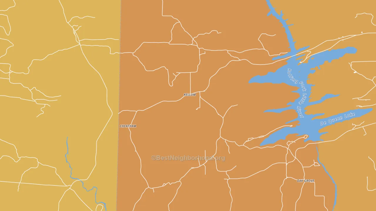 Map of the best neighborhoods in the Kellum area, with better matches in green and worse matches in red