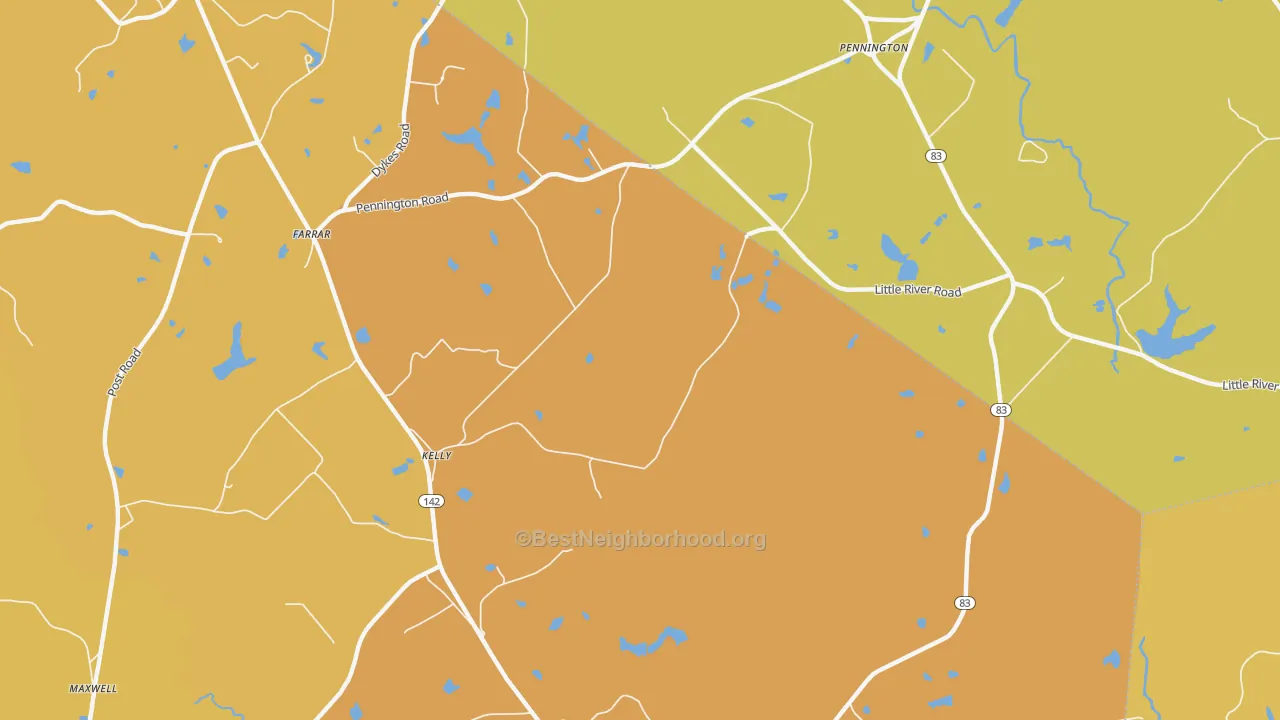 Map of the best neighborhoods in the Kelly area, with better matches in green and worse matches in red