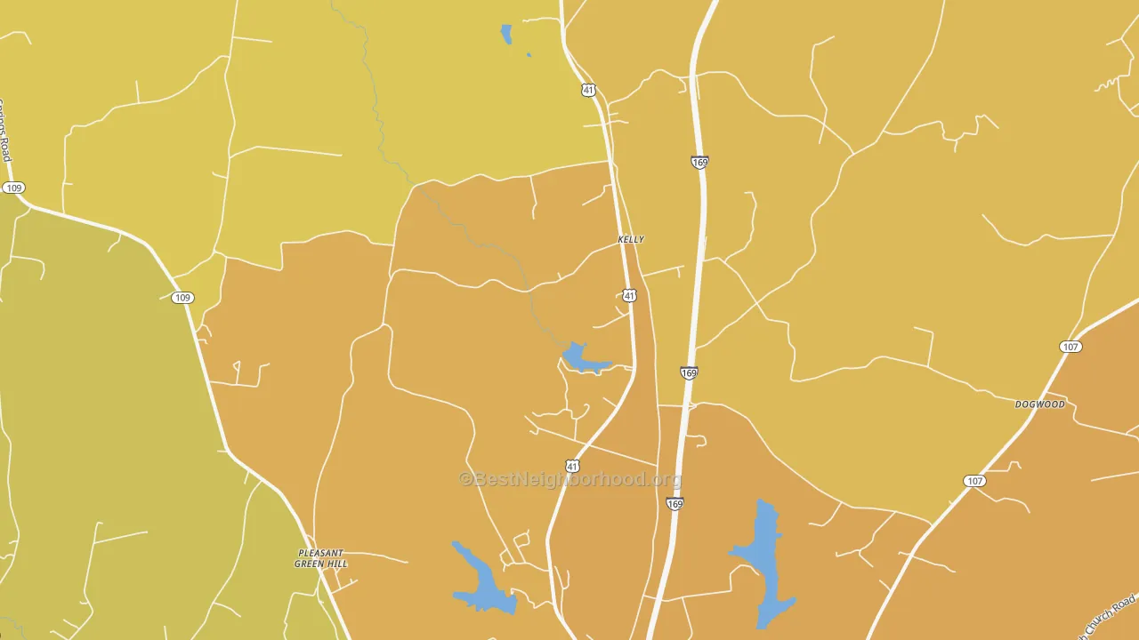 Map of the best neighborhoods in the Kelly area, with better matches in green and worse matches in red