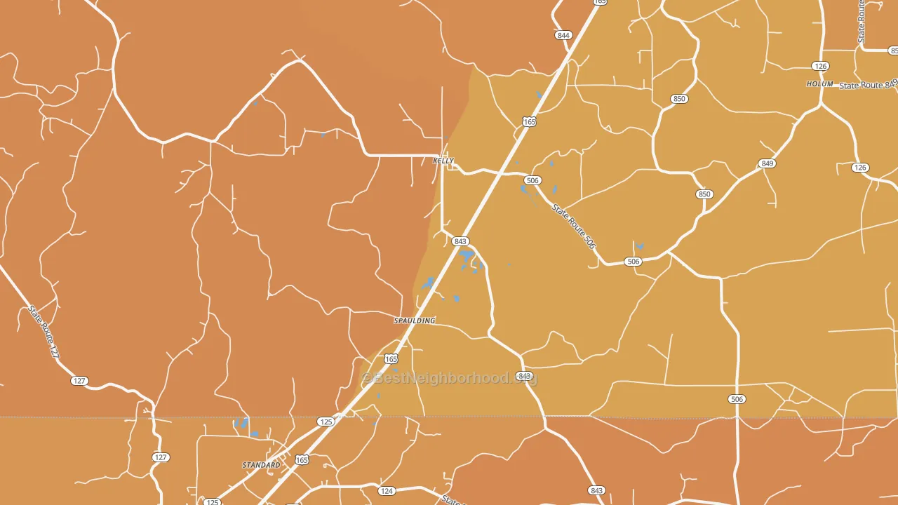 Map of the best neighborhoods in the Kelly area, with better matches in green and worse matches in red
