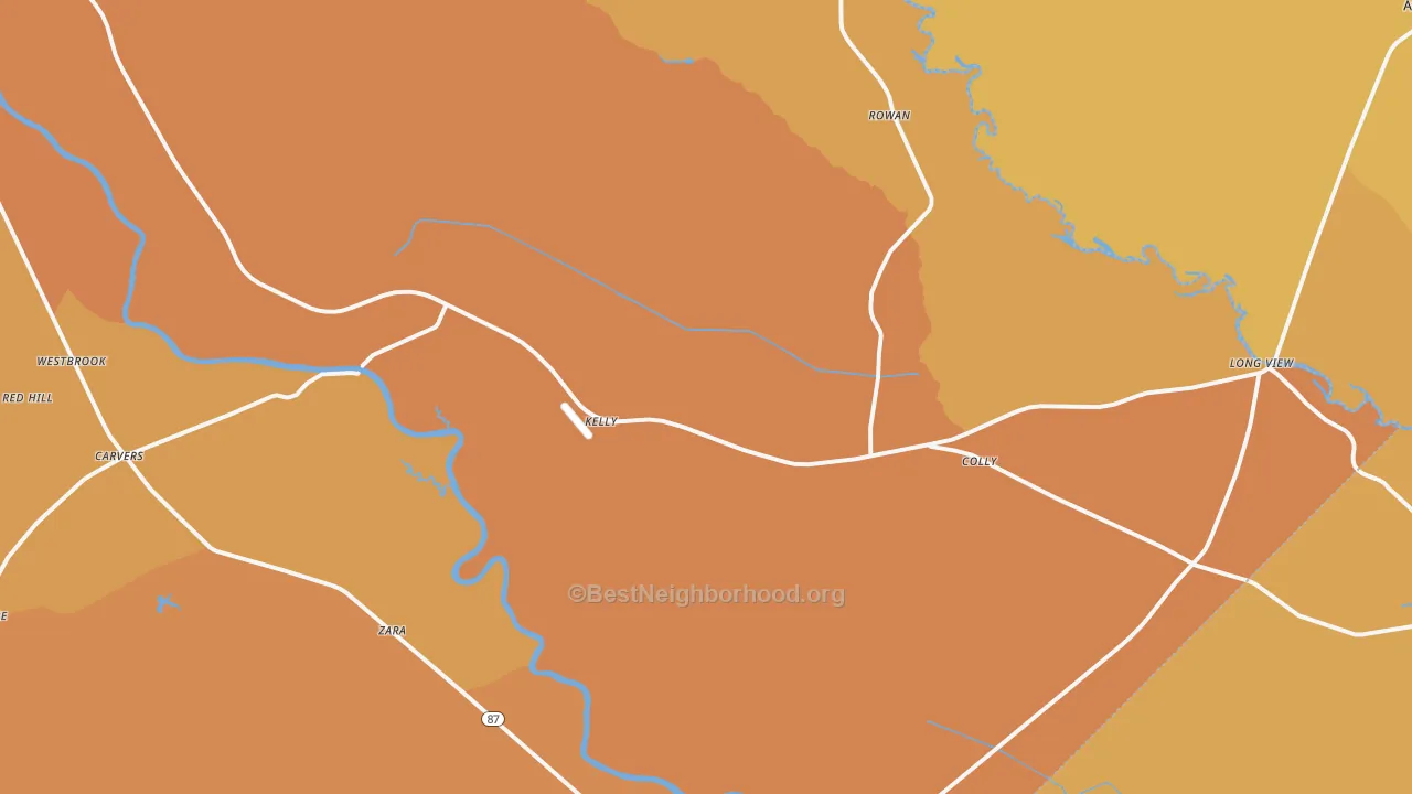 Map of the best neighborhoods in the Kelly area, with better matches in green and worse matches in red