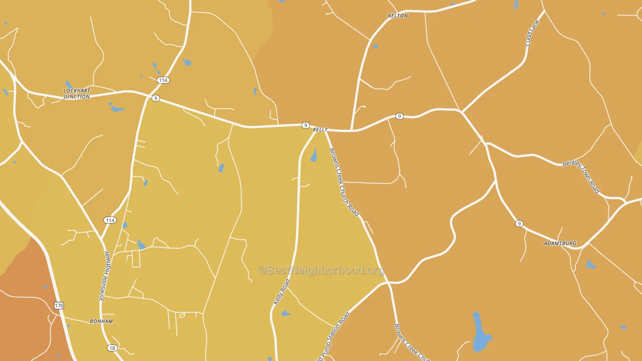Map of the best neighborhoods in the Kelly area, with better matches in green and worse matches in red