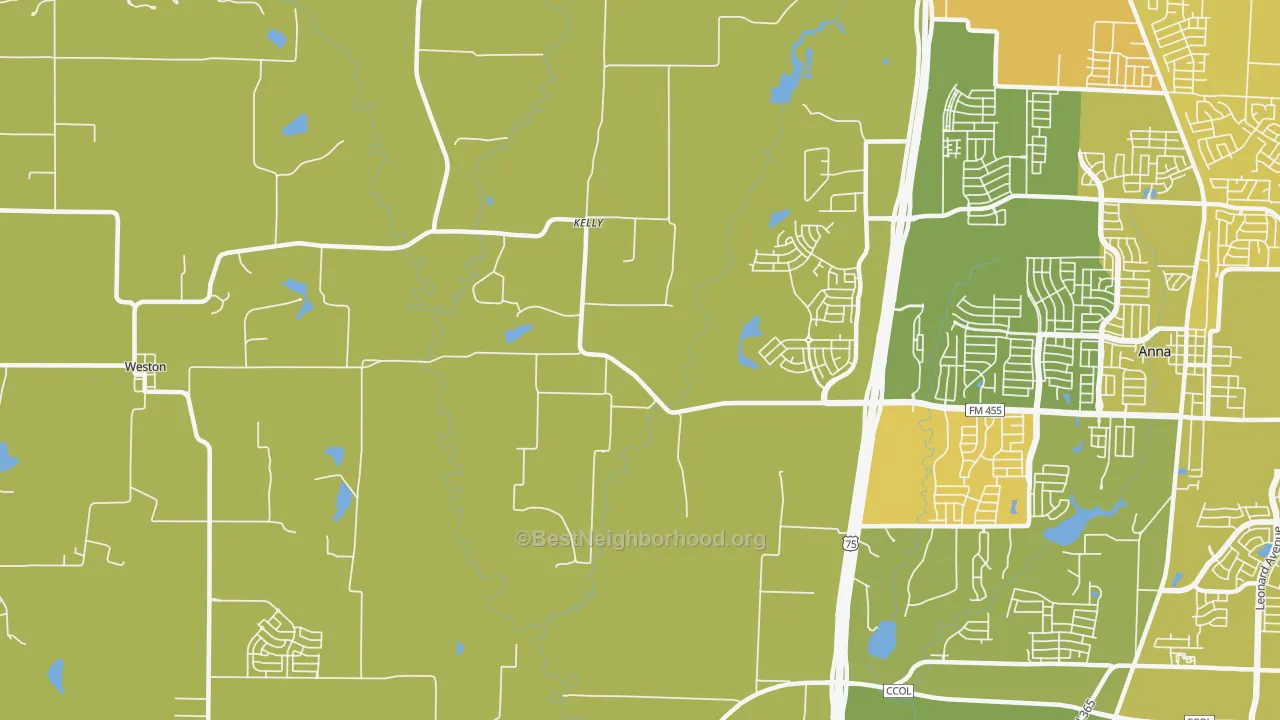 Map of the best neighborhoods in the Kelly area, with better matches in green and worse matches in red