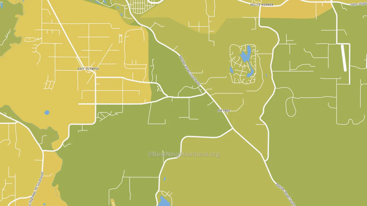 Map of the best neighborhoods in the Kellys Korner area, with better matches in green and worse matches in red