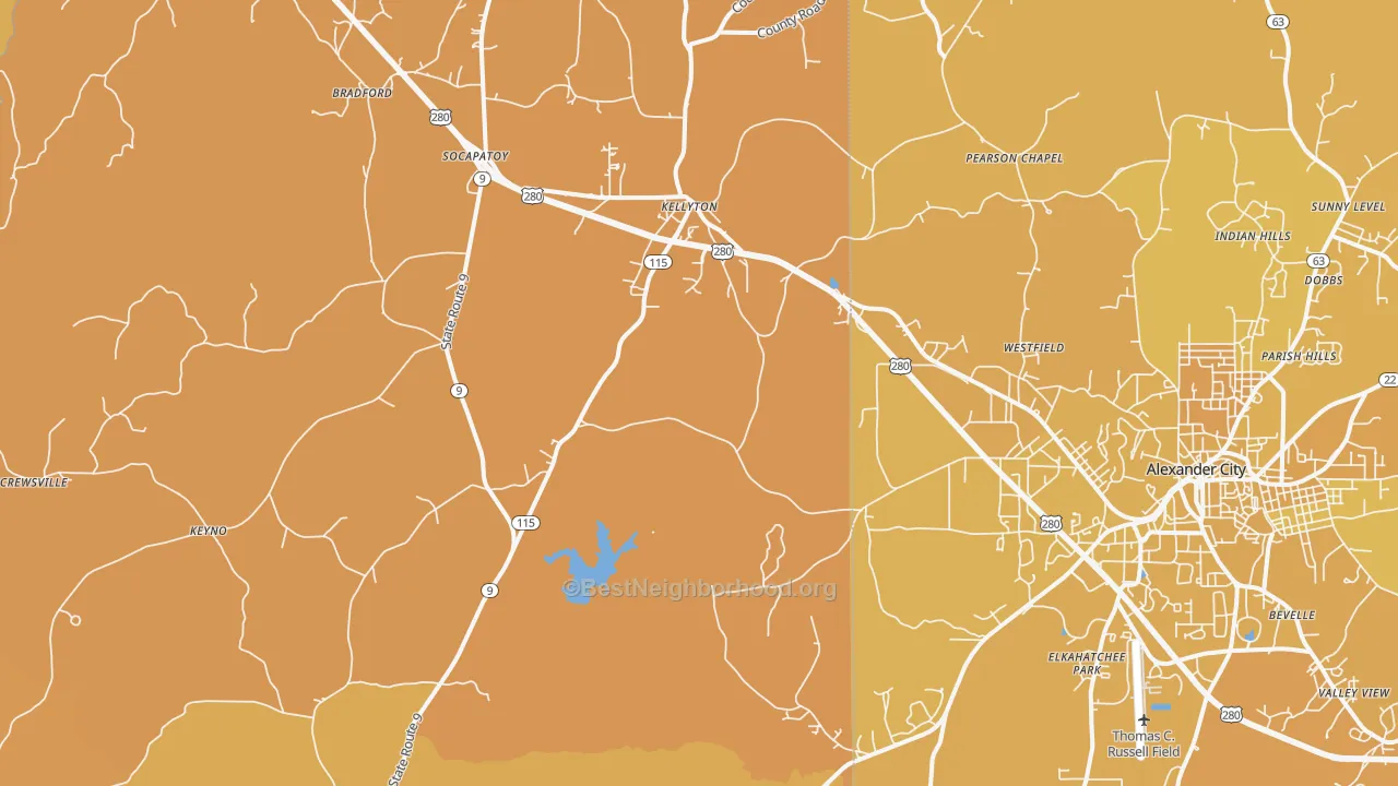 Map of the best neighborhoods in the Kellyton area, with better matches in green and worse matches in red