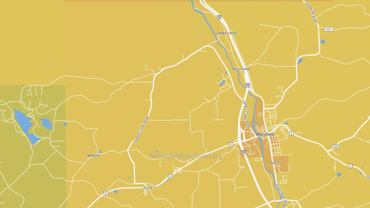 Map of the best neighborhoods in the Kellytown area, with better matches in green and worse matches in red