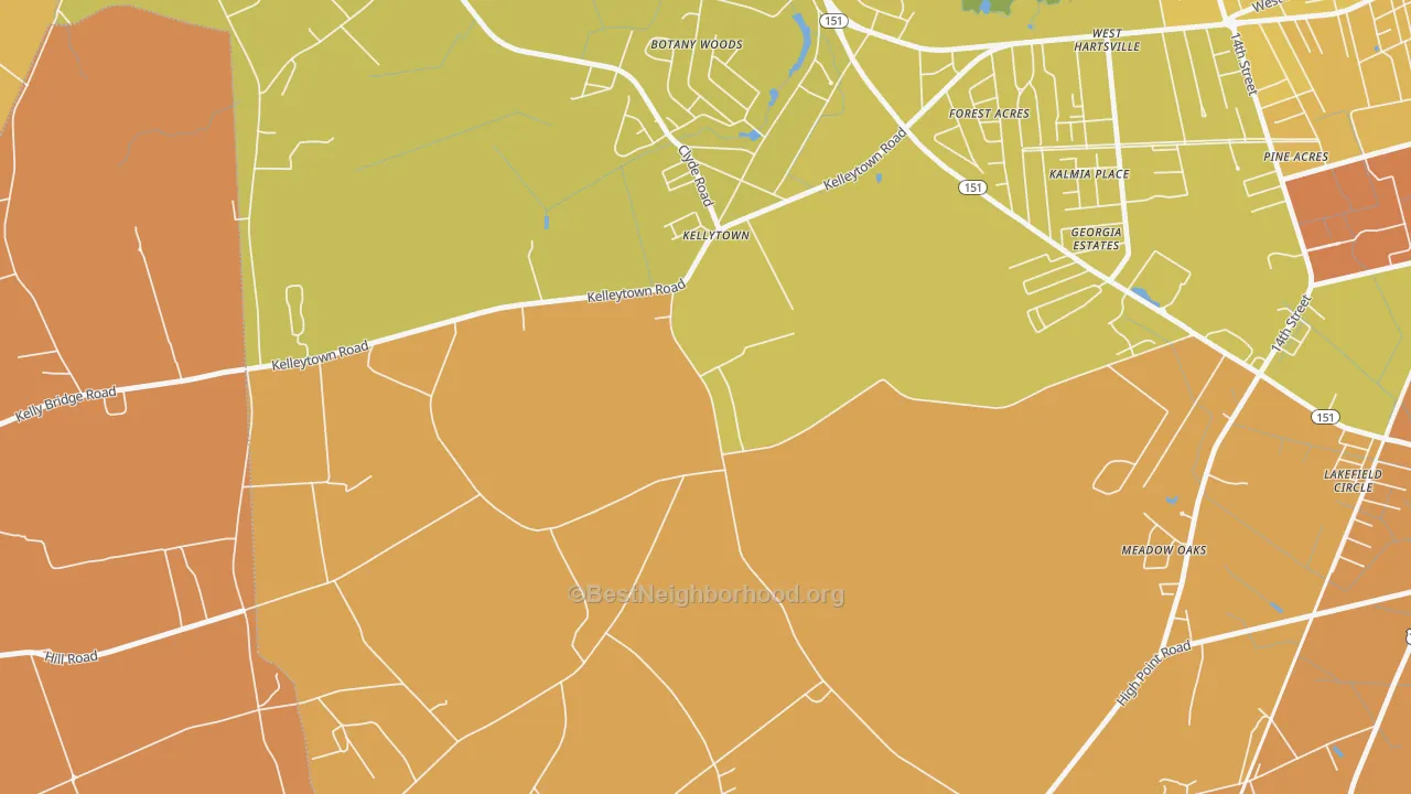 Map of the best neighborhoods in the Kellytown area, with better matches in green and worse matches in red