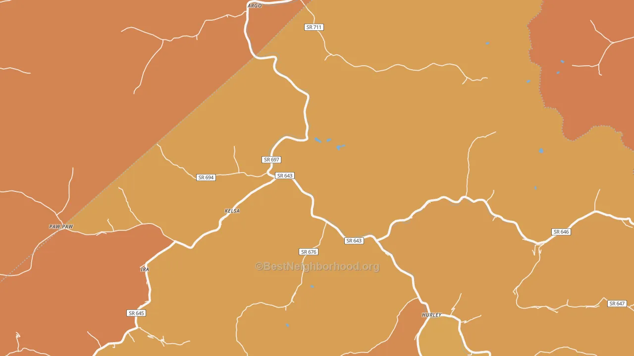 Map of the best neighborhoods in the Kelsa area, with better matches in green and worse matches in red