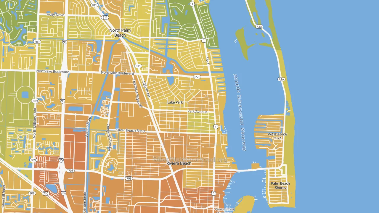 Map of the best neighborhoods in the Kelsey City, Lake Park area, with better matches in green and worse matches in red