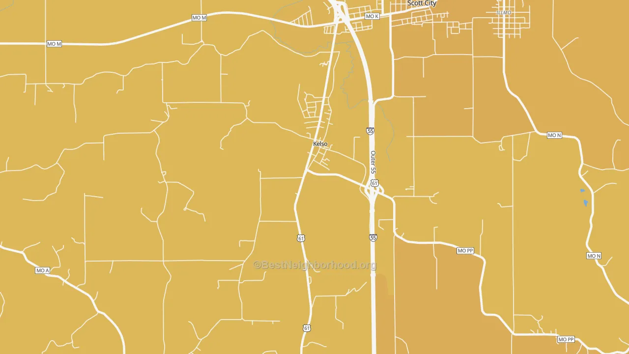 Map of the best neighborhoods in the Kelso area, with better matches in green and worse matches in red