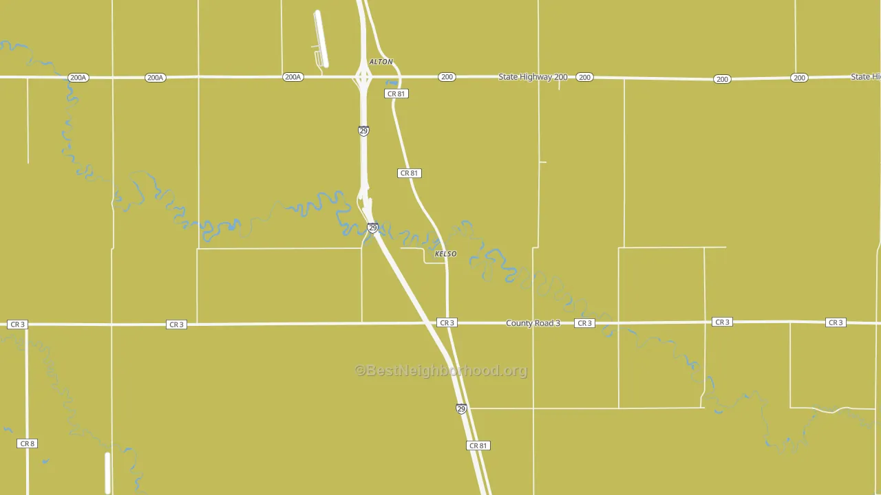 Map of the best neighborhoods in the Kelso area, with better matches in green and worse matches in red