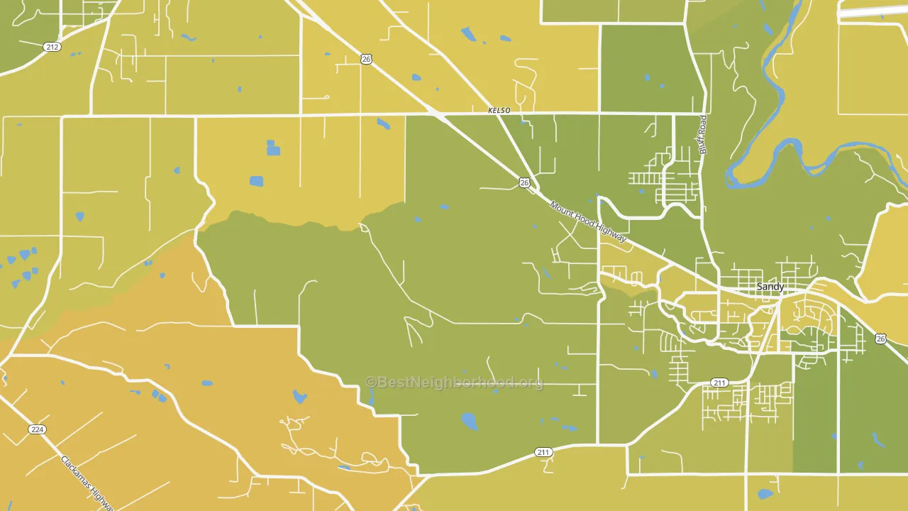 Map of the best neighborhoods in the Kelso area, with better matches in green and worse matches in red