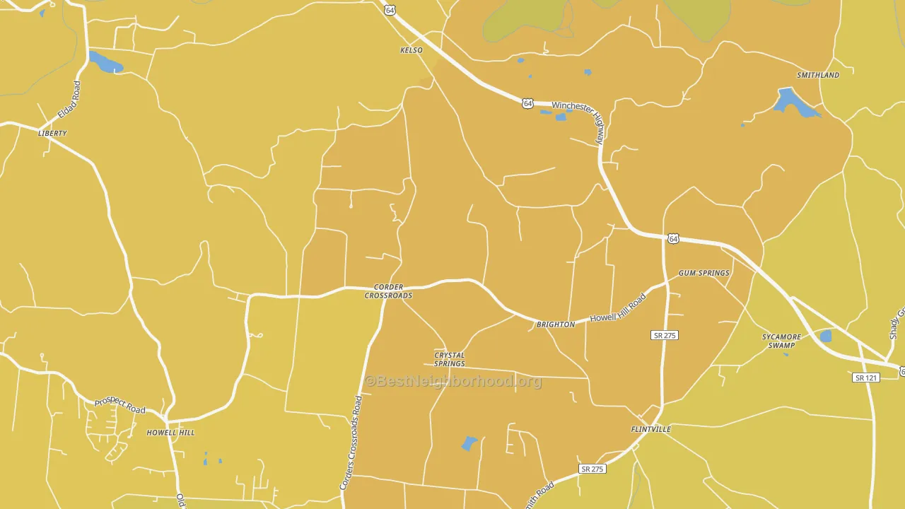 Map of the best neighborhoods in the Kelso area, with better matches in green and worse matches in red