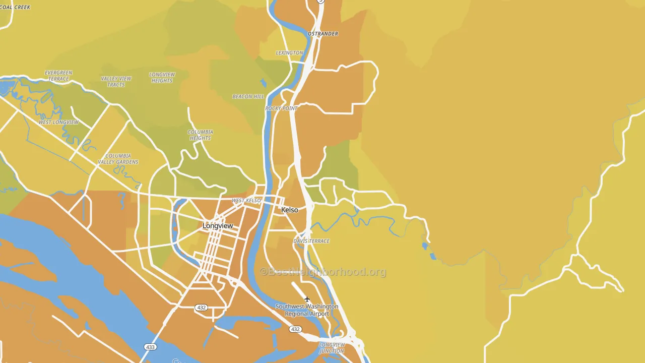Map of the best neighborhoods in the Kelso area, with better matches in green and worse matches in red