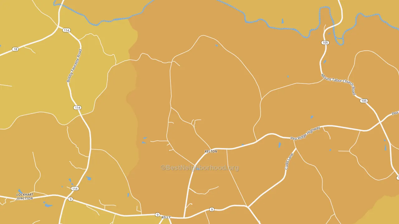 Map of the best neighborhoods in the Kelton area, with better matches in green and worse matches in red