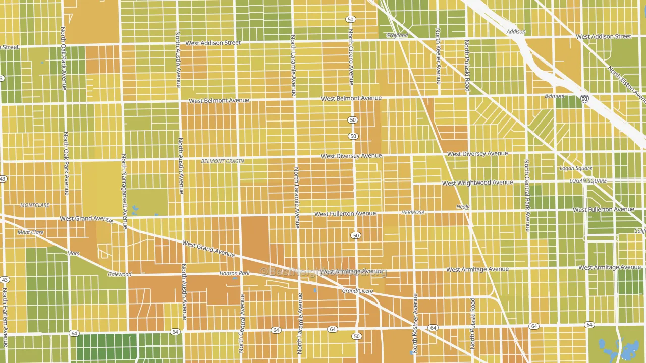 Map of the best neighborhoods in the Kelvyn Grove, Chicago area, with better matches in green and worse matches in red