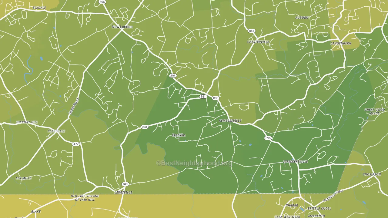 Map of the best neighborhoods in the Kemblesville area, with better matches in green and worse matches in red