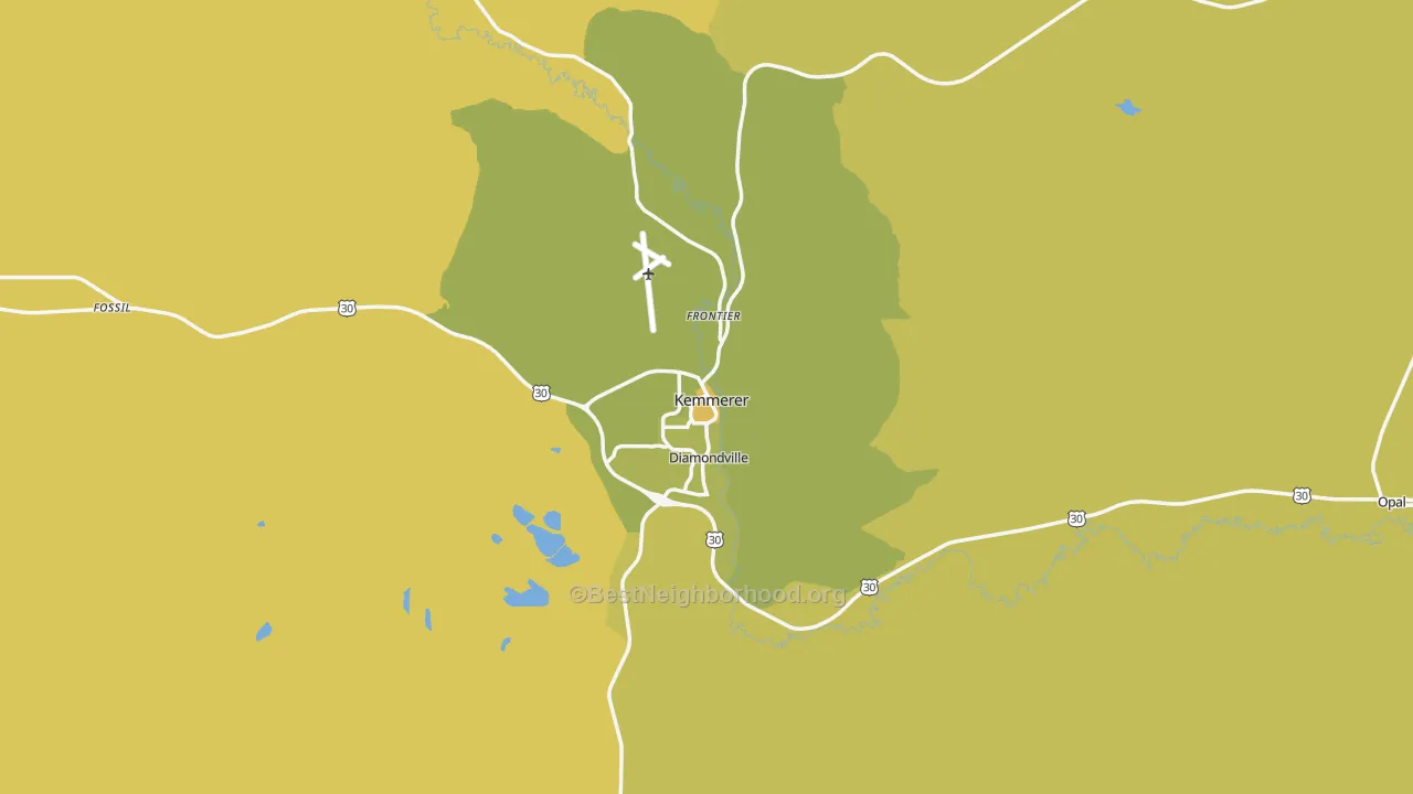 Map of the best neighborhoods in the Kemmerer area, with better matches in green and worse matches in red