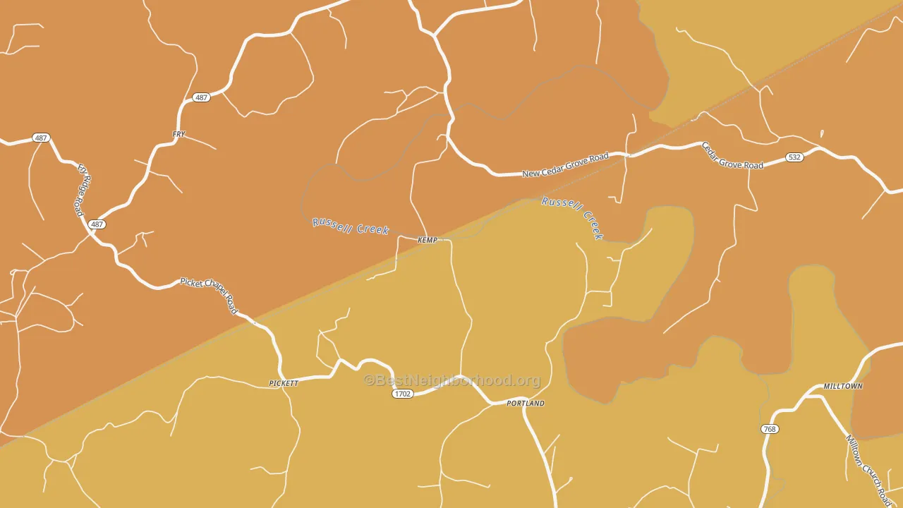 Map of the best neighborhoods in the Kemp area, with better matches in green and worse matches in red