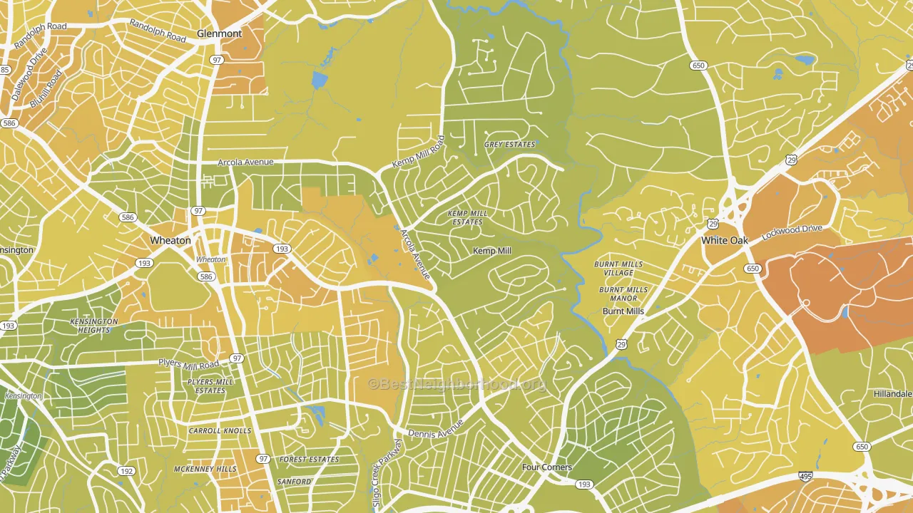 Map of the best neighborhoods in the Kemp Mill area, with better matches in green and worse matches in red
